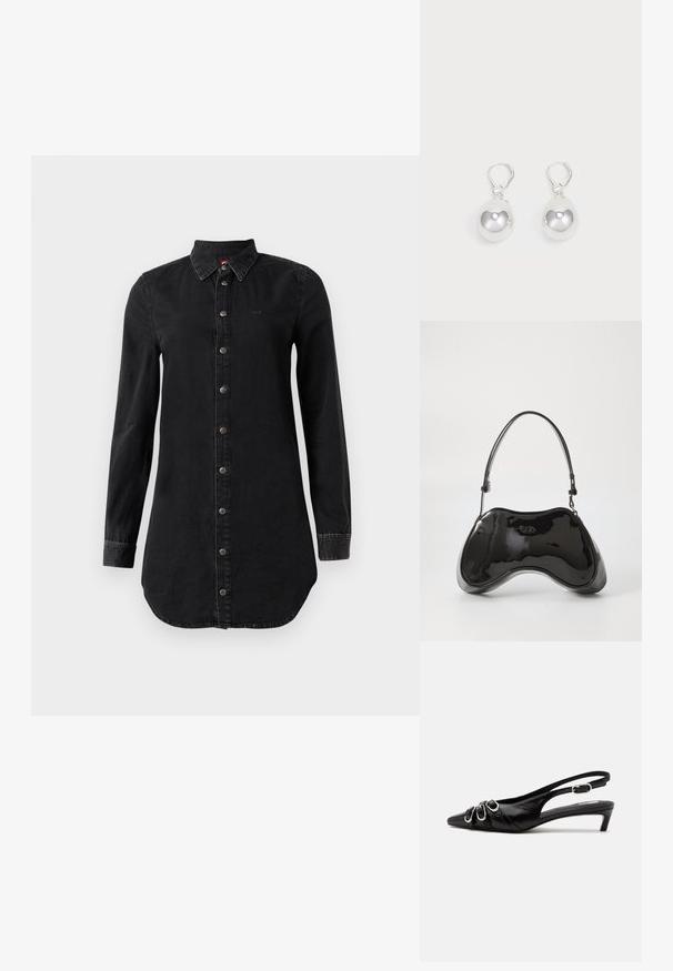 Vestido de camisa de denim negro de manga larga con cierre de botones en la parte delantera y collarete puntiagudo, con un dobladillo ligeramente curvado y puños cosidos.; Zapato slingback de cuero negro con punta puntiaguda, tres hebillas plateadas en la parte delantera y tacón bajo tipo «kitten» sobre fondo blanco.; Bolso de mano de piel sintética negra con un diseño curvado único, asas cortas y ajustables, y abertura con cremallera en la parte superior. Textura suave con una sutil marca.; Pendientes de plata en forma de gota con superficies redondas y reflectantes colgando de cierres de palanca. El fondo es blanco liso.