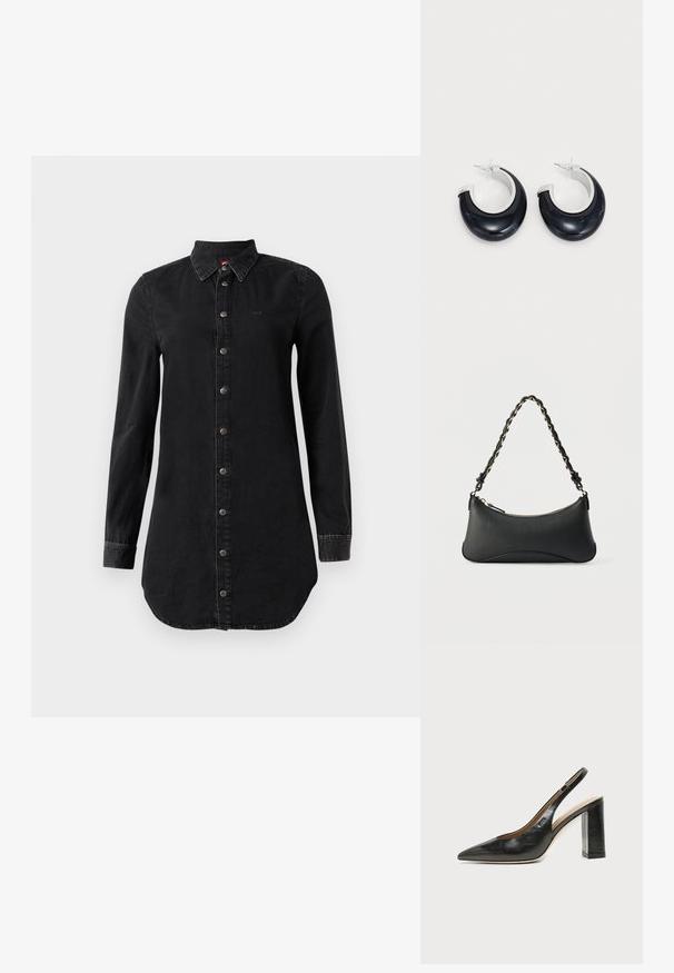 Sort denim skjortekjole med lange ærmer, knaplukning foran og spidse krave, let buet kant og syede manchetter.; Sort læder peep-toe slingback sko med høj blokhæl og beige indvendig foring mod en ensfarvet lys baggrund.; Sort skuldertaske i læder med en buet rektangulær form, gyldent kæde vævet ind i en flettet sort rem og toplynlås.; Sorte harpiks hoops øreringe med en skinnende overflade og silvertone hardware detaljer. Cirkulær form med en udskæring og stift-bagside lukning.