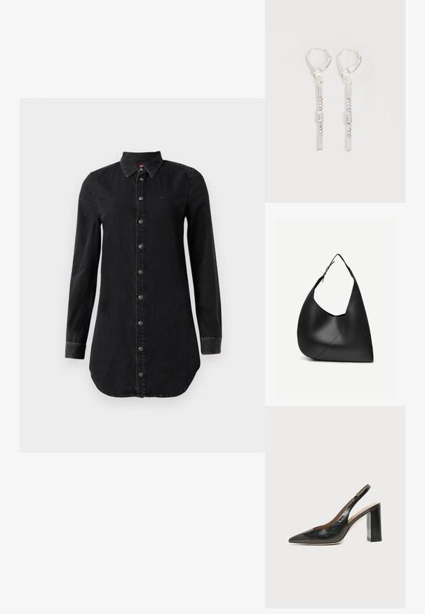 Langärmliges schwarzes Jeanshemdkleid mit Knopfleiste, spitzem Kragen, leicht geschwungenem Saum und genähten Manschetten.; Schwarzer Leder-Slingback-Schuh mit spitzer Kappe, hohem Blockabsatz und beigegefüttertem Innenraum vor hellem, einfarbigem Hintergrund.; Schwarze Leder-Schultertasche mit geschwungener dreieckiger Form, einem verstellbaren Einzelriemen und sichtbarer diagonaler Naht auf der Vorderseite.; Silberne hängende Ohrringe mit rechteckigen und runden klaren Kristallen in einer vertikalen Linie, gesichert durch Leverback-Verschlüsse.