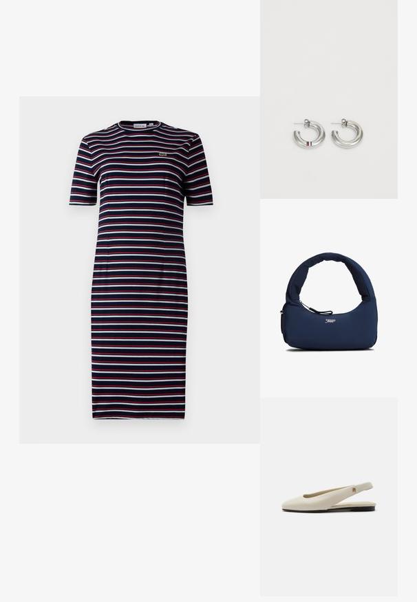 Ribade kleit tumesinises, punases ja hallis. Lühikesed varrukad, ümar kaelus, põlvepikkune disain. Tumedal foonil on rinna peal väike Lacoste logo.; Kreemikas nahast slingback-tasapinnaline king, millel on ümar ninaosa ja väike kuldne embleem rihmal.; Tumesinist polsterdatud õlakott kõverate sangadega ja esiküljel lukuga taskuga, millel on ees keskosas valge "tommy jeans" logo.; Hõbedased rõngas kõrvarõngad, millel on sile ja ümar disain ning väike punane, valge ja sinine triip. Kindel nagi kinnitusega.