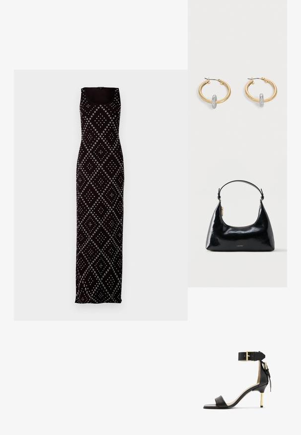 Zwarte mouwloze maxi-jurk met witte cirkel- en diamantpatronen. Gemaakt van een gladde stof met een getailleerde pasvorm en een ronde hals.; Zwarte leren sandalen met hak en vierkante neus, enkelband met een gouden gesp en een slanke metalen hak. Soepele textuur, minimalistisch ontwerp.; Zwarte glanzende Calvin Klein handtas met gouden rits en korte band tegen een effen witte achtergrond.; Paar goudkleurige creolen met kleine zilverkleurige lusdetail op elk, weergegeven tegen een lichtgrijze achtergrond.