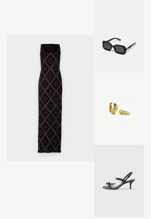 Zwarte mouwloze maxi-jurk met witte cirkel- en diamantpatronen. Gemaakt van een gladde stof met een getailleerde pasvorm en een ronde hals.; Zwarte leren sandaal met hak, dunne bandjes, een klein strikdetail op de teen en een verstelbare enkelband met gesp.; Zwarte rechthoekige zonnebril met donkere lenzen, glanzende plastic montuur en gouden hardware accenten op de slijtage.; Paar goudkleurige oorringen met een gedraaid, gesculpteerd ontwerp, één rechtopstaand en de ander liggend op een witte achtergrond.