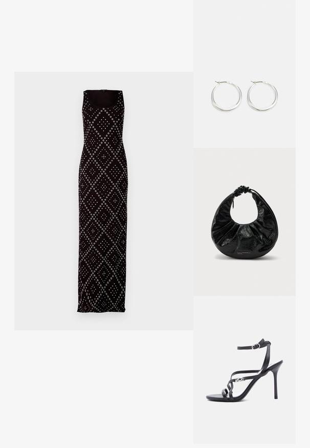 Zwarte mouwloze maxi-jurk met witte cirkel- en diamantpatronen. Gemaakt van een gladde stof met een getailleerde pasvorm en een ronde hals.; Zwarte high-heeled sandaal met dunne bandjes, enkelgesp en een metalen logodetail aan het zijbandje, afgebeeld tegen een witte achtergrond.; Zwarte handtas in halvemaanvorm met geplooide handgreep en ritssluiting, glanzende gekreukte textuur en "KARL LAGERFELD JEANS"-logo aan de voorkant.; Zilveren hoop oorbellen hebben een glad, rond ontwerp met een dun profiel en een veilige sluiting. Minimalistische stijl met een gepolijste afwerking.