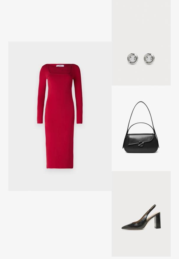 Robe ajustée rouge à manches longues avec encolure carrée et jupe longueur cheville ; fabriquée en tissu lisse sans motifs ni embellissements visibles.; Chaussure slingback en cuir noir à bout pointu avec un talon bloc haut et une doublure intérieure beige sur un fond clair uni.; Sac à bandoulière en cuir noir avec un rabat incurvé fermé par un fermoir métallique rond et une sangle fine et ajustable.; Boucles d'oreilles en métal argenté avec des cristaux ronds et transparents, présentant une finition lisse et polie ainsi qu'un design circulaire avec des bords légèrement surélevés.