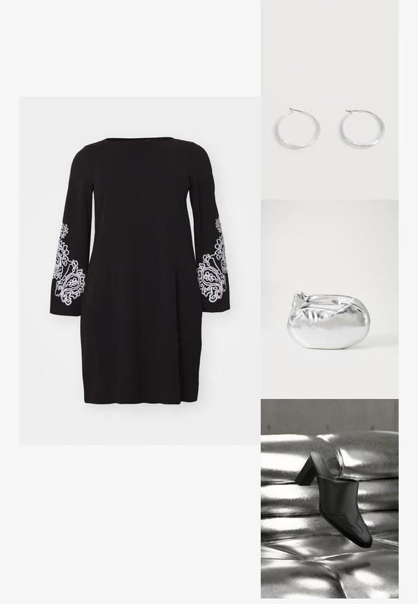 Vero Moda Curve VMCGIRA SHORT DRESS - Jerseykjole - black/white; Sort lædermule med blokhæl hvilende på en skinnende sølvpolstret overflade, der fremhæver dens elegante design og buede detaljer.; Sølvmetallic pose med en blød, rund form og en knyttet lukning foroven. Fremstillet af glat faux lædermateriale.; Sølvfarvede metaloorringe med glat, let buet overflade og låsemekanisme på en ensfarvet hvid baggrund.
