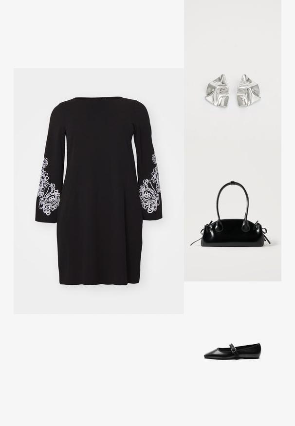 Vero Moda Curve VMCGIRA SHORT DRESS - Robe en jersey - black/white; Chaussure noire plate en cuir avec un bout pointu, bride réglable avec une boucle en métal, texture lisse et design minimaliste.; Petit sac à main noir brillant avec deux longues anses et des détails à cordon sur les côtés sur un fond clair uni.; Boucles d'oreilles en métal argenté avec un design ondulé et sculptural, présentant une finition polie et des formes irrégulières, mettant en valeur une esthétique contemporaine.