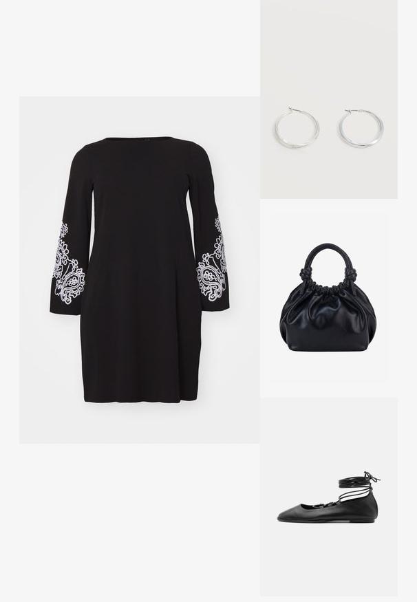 Vero Moda Curve VMCGIRA SHORT DRESS - Robe en jersey - black/white; Chaussure de ballet plate en cuir noir avec un bout pointu, plusieurs fines brides sur le dessus et des lacets enroulés autour de la cheville.; Sac à main en cuir noir souple avec le dessus froncé et deux grosses poignées nouées sur un fond uni clair.; Boucles d’oreilles créoles en métal argenté avec une surface lisse légèrement incurvée et des fermoirs à clapet sur un fond blanc uni.