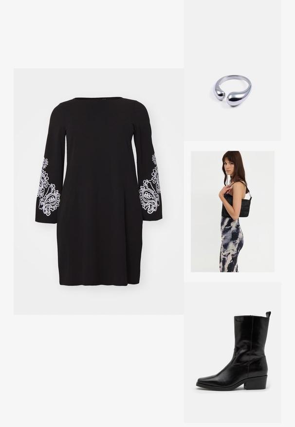 Vero Moda Curve VMCGIRA SHORT DRESS - Jerseykjole - black/white; Sorte læder ankelstøvler med spids tå, lav blokhæl og syet detaljer. Har elastiske paneler på siden for nem påtagning.; Sort quiltet skuldertaske med en enkelt rem og sølvhardware, parret med en tætsiddende kjole med tie-dye mønster i nuancer af sort og creme.; Sølvmetalring med en glat, poleret overflade; har to bulboøse ender, der skaber et åbent design. Rund inderside.