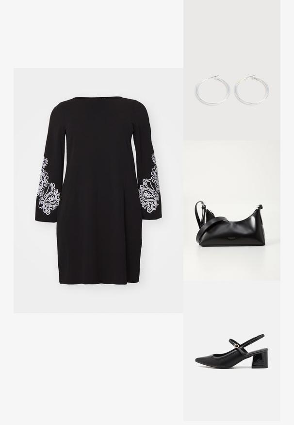Vero Moda Curve VMCGIRA SHORT DRESS - Jerseyjurk - black/white; Zwarte gepolijste leren slingback hakken met een spitse neus, een ronde uitsnede en een blokhak. Voorzien van een gouden gespaccent.; Zwarte leren handtas met een gladde textuur. Beschikt over een verstelbare schouderband en een strak, minimalistisch ontwerp met een ritssluiting.; Een paar glanzende zilveren oorringen met dunne draadafsluitingen, getoond op een lichtgrijze achtergrond.