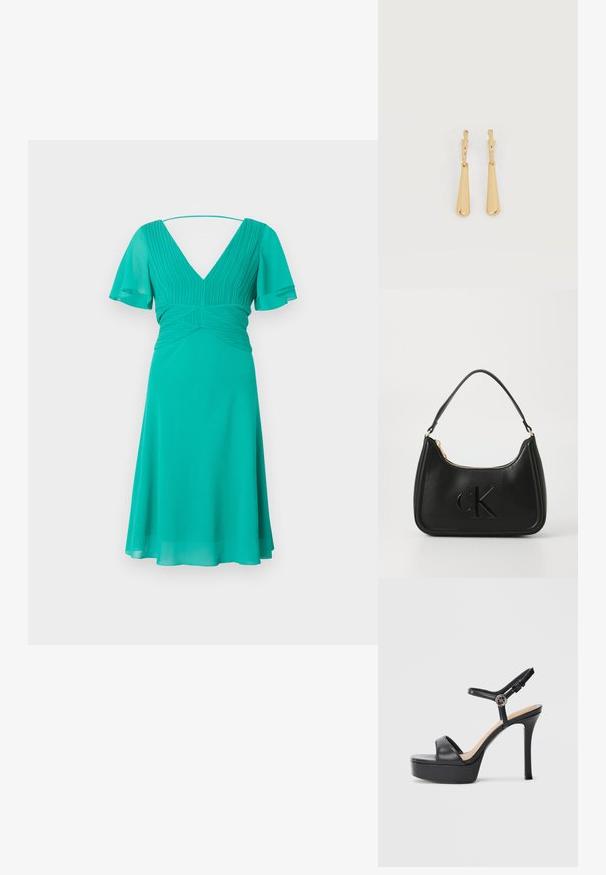 En teal kjole med V-udskæring, korte flagermusære og en tætsiddende liv med folder, som flyder ned i en knælang nederdel.; Sorte platformsandaler med høj stiletthæl, der har en glat læderoverdel, peep toe-design og en justerbar ankelrem med metalbeslag.; Sort læder håndtaske med en buet form, der har en guldfarvet lynlås og et subtilt præget "cK" logo. Glat tekstur og et enkelt håndtag.; Øreringe i guldfarvet metal med glatte, aflangt dråbeformede vedhæng, der hænger fra små creol-låse på en hvid baggrund.