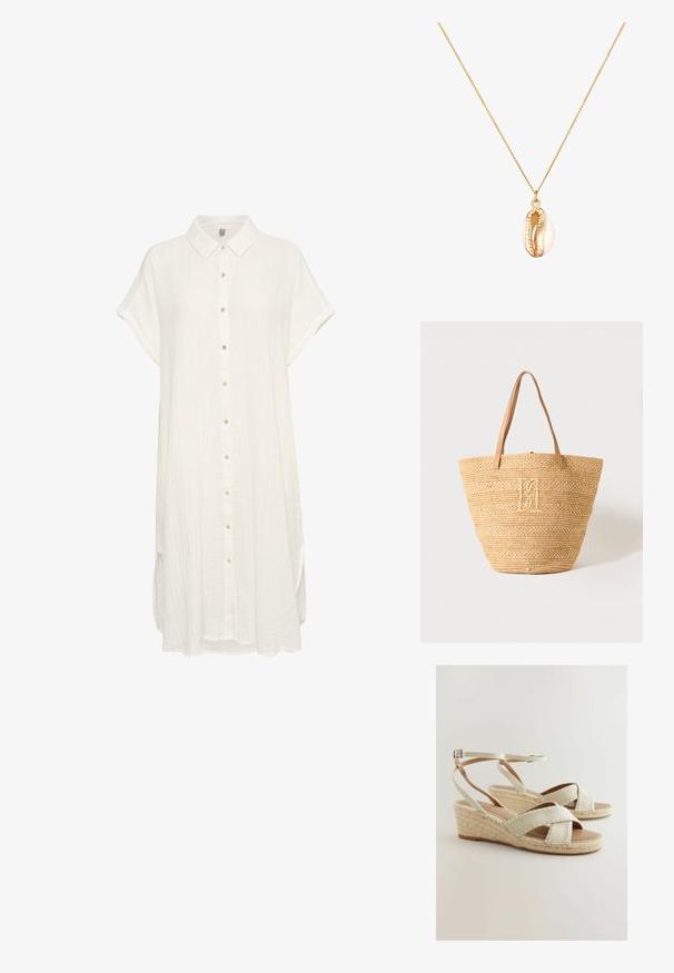 Vestido camisero blanco de manga corta, confeccionado en una suave tela texturizada. Presenta un cierre de botones en la parte delantera y un cuello clásico, con un corte relajado y aberturas laterales.; Cuñas de esparto beige con correas cruzadas, acentos de yute trenzado y plantilla acolchada. Correa ajustable en el tobillo para un mejor ajuste.; Bolsa tote beige de paja tejida con dos asas de cuero marrón claro y un monograma bordado sutil en el centro delantero.; Collar de cadena de oro que presenta un colgante de concha de cowrie detallada, suave con un brillo natural y un borde de apertura texturizado.