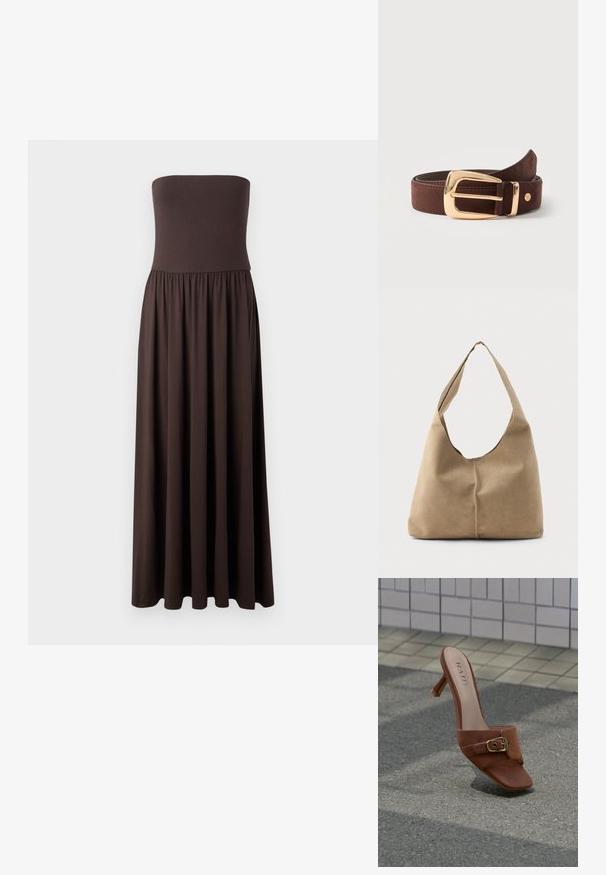 Strapless brun maxi kjole lavet af blødt stof, med en tætsiddende overdel og en svævende, samlet nederdel for let bevægelse.; Brun læder mule med hæl, guldlås og firkantet tå, stående oprejst på grå fortov nær flisebelagt væg.; Hobo taske i blød beige ruskind med en afslappet form, bred skulderrem og håndsyet sømdetalje langs fronten.; Brunt læderbælte rullet sammen med en skinnende gylden rektangulær spænde og lille rund metal logo nær spidsen.