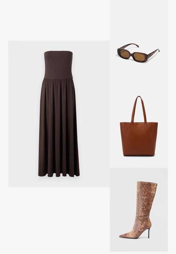 Strapless brun maxi kjole lavet af blødt stof, med en tætsiddende overdel og en svævende, samlet nederdel for let bevægelse.; Spidse ankelstøvler med højt hæl i slangeskindsprint, der har en tætsiddende pasform, blød tekstur og en slank sort stiletthæl.; Skildpaddefarvede solbriller med rektangulær form, brune linser, glat plastikskelet og tynde stænger med subtile tonale mønstre.; Brun læder tote taske med en glat tekstur, lodrette søm-detaljer og to flade håndtag. Åben topdesign, rummeligt interiør.