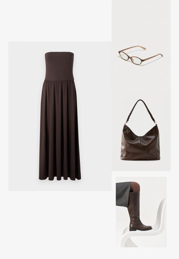 Strapless brun maxi kjole lavet af blødt stof, med en tætsiddende overdel og en svævende, samlet nederdel for let bevægelse.; Brun læder knæhøj støvle med afrundet tå, glat tekstur og minimale syningsdetaljer, sat mod en lys baggrund på en hvid stol.; Brune skildpaddemønstrede briller med ovale linser, tynde arme og gennemsigtige accenter. Har et diskret logo på stangen. Slankt, let design.; Mørkebrun læder skuldertaske med flettet håndtag og synlige sømdetaljer på forsiden.