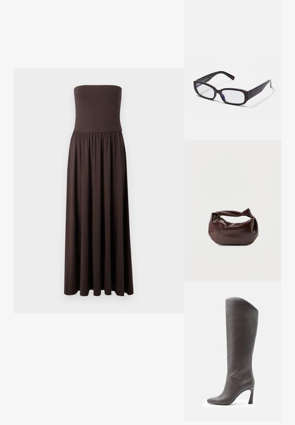 Vestido maxi marrón sin tirantes, hecho de una tela suave, con un corsé ajustado y una falda fluida y recogida que permite una fácil movilidad.; Bota de mujer alta de cuero marrón oscuro con punta puntiaguda y tacón alto curvado en bloque, mostrada de perfil sobre fondo blanco.; Gafas rectangulares de carey marrón con lentes transparentes y patillas elegantes, que muestran una textura suave y un diseño minimalista.; Bolso de hombro de cuero marrón oscuro con una forma suave y caída, y un asa con nudo torcido sobre un fondo blanco liso.