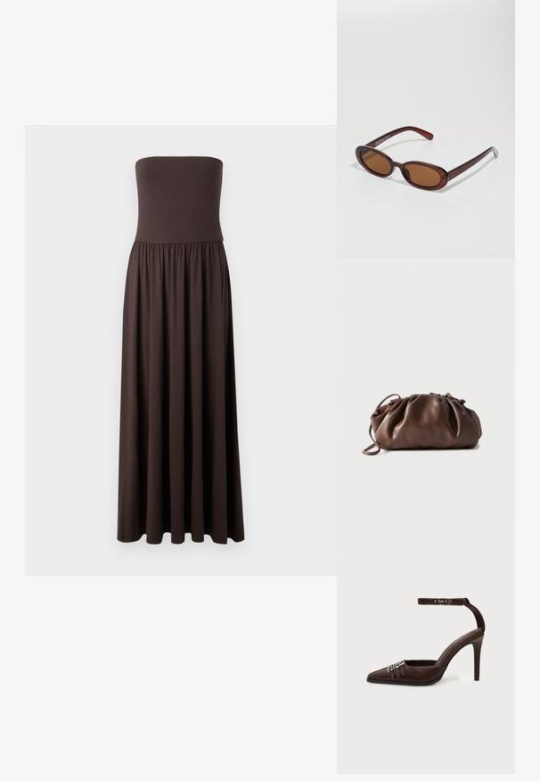 Vestido maxi marrón sin tirantes, hecho de una tela suave, con un corsé ajustado y una falda fluida y recogida que permite una fácil movilidad.; Zapato de tacón alto de cuero marrón con punta puntiaguda, tres pequeñas hebillas plateadas en la parte delantera y una correa ajustable en el tobillo con hebilla.; Gafas de sol redondas con tinte marrón y un marco burdeos brillante. Patillas delgadas con un sutil detalle de marca. Diseño de lentes planos.; Bolso tipo bolsa de cuero marrón suave con parte superior fruncida y asa delgada, apoyado sobre un fondo blanco.
