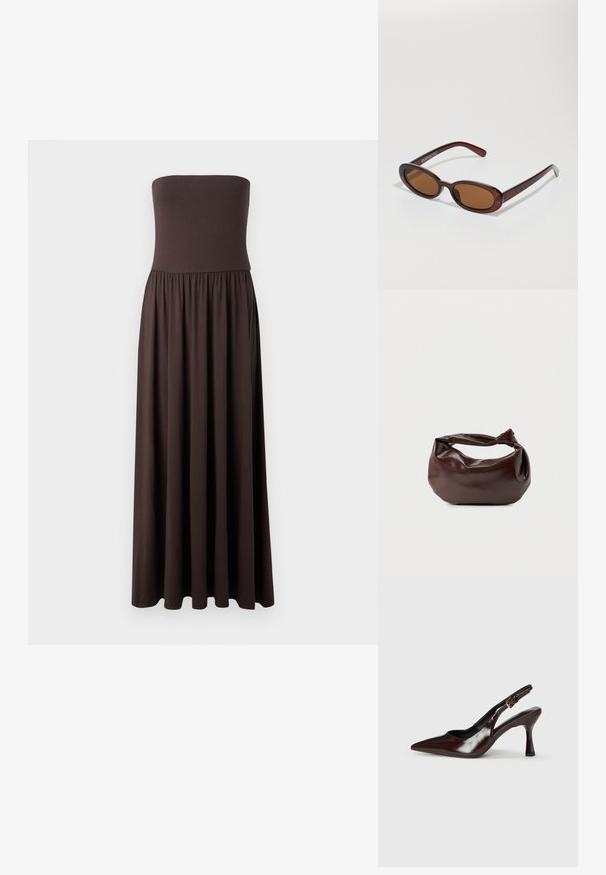 Schnurloses braunes Maxikleid aus weichem Stoff, mit einem taillierten Oberteil und einem fließenden, gerafften Rock für Bewegungsfreiheit.; Braune lackleder Slingback-Absätze mit spitzem Zehen, einem dünnen Absatz und einem verstellbaren Riemen mit einer kleinen Schnalle.; Runde, braun getönte Sonnenbrillen mit einem glänzenden burgunderfarbenen Rahmen. Schlanke Bügel mit dezentem Branding. Flaches Linsendesign.; Dunkelbraune Lederschultertasche mit weicher, lockerer Form und einem gedrehten Knotengriff vor schlichtem weißem Hintergrund.