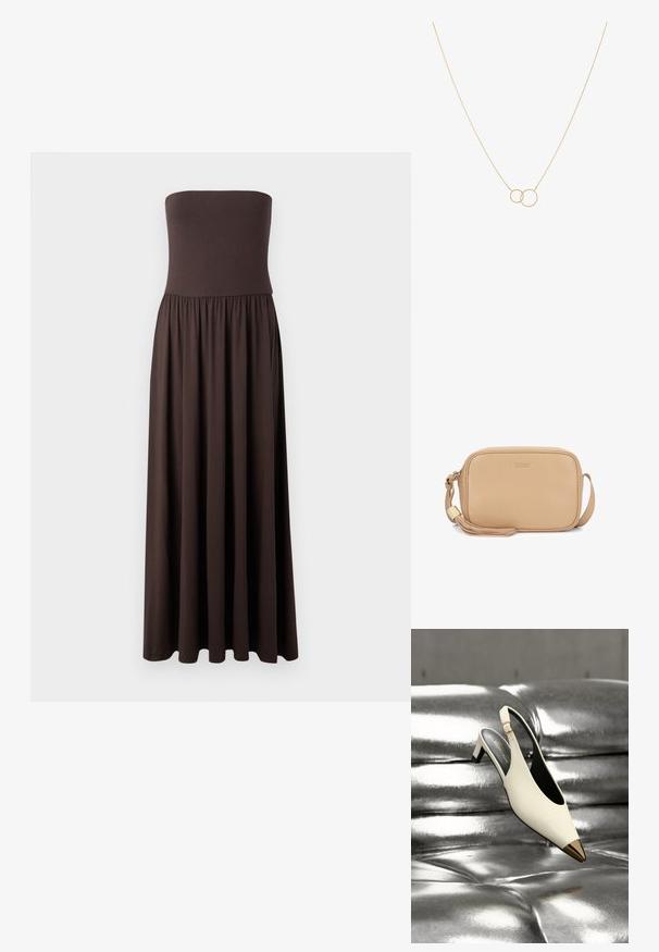 Strapless brun maxi kjole lavet af blødt stof, med en tætsiddende overdel og en svævende, samlet nederdel for let bevægelse.; Hvid slingback højhælet sko med guld spids tåhætte, vist på en skinnende metallisk sølv polstret overflade.; Beige læder crossbody-taske med guldfarvet "kazar" logo, afrundede kanter, justerbar rem og dekorativ kvast med guldfarvet accent på hvid baggrund.; Guld halskæde med to sammenkoblede cirkulære vedhæng på en fin kæde. Glat tekstur med et minimalistisk design.