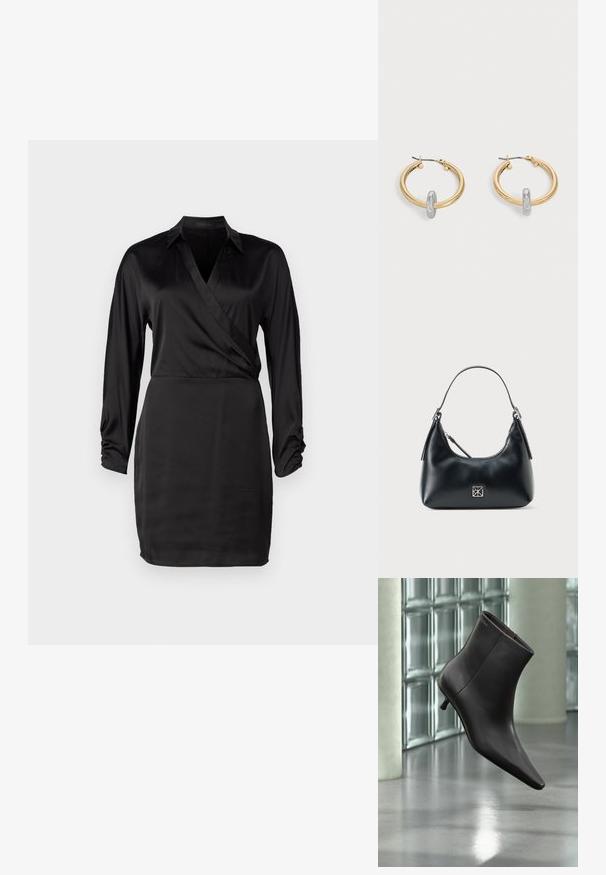 Vestido envolvente negro de satén con mangas largas, escote en V y detalles de puños fruncidos. La textura suave y la silueta ajustada realzan su diseño elegante.; Bota de cuero negro para el tobillo con puntera puntiaguda y tacón pequeño, exhibida frente a una pared de bloques de vidrio y un suelo pulido.; Bolso de hombro de cuero negro con un solo asa, cierre de cremallera y un pequeño logo cuadrado plateado en la parte delantera.; Par de pendientes de aro en tono dorado con pequeño detalle de aro en tono plateado en cada uno, expuestos sobre un fondo gris claro.