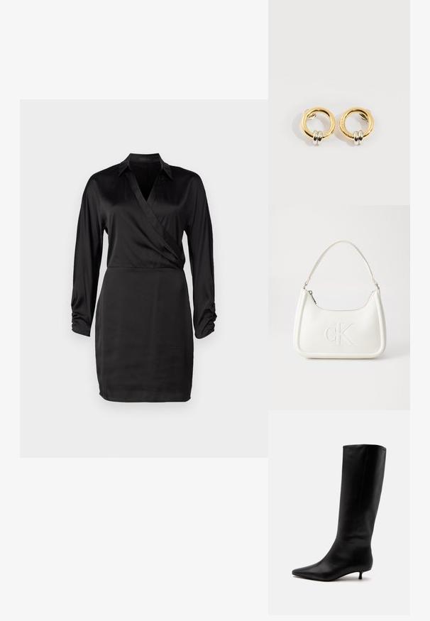 Vestido envolvente negro de satén con mangas largas, escote en V y detalles de puños fruncidos. La textura suave y la silueta ajustada realzan su diseño elegante.; Bota alta de cuero negro hasta la rodilla con puntera puntiaguda y tacón bajo tipo kitten sobre un fondo claro y liso.; Bolso de mano de cuero blanco con forma curvada, con un logo "CK" en relieve en la parte delantera y una sola correa para el hombro. Cierre de cremallera en la parte superior.; Pendientes circulares de oro con dos pequeños anillos de plata en cada uno, que muestran detalles sutiles del nombre de la marca grabado, colocados sobre un fondo blanco.