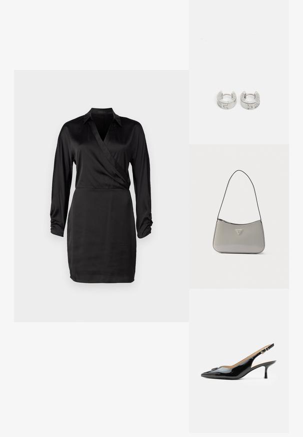 Sort satin indpakningskjole med lange ærmer, V-udskæring og rynkede ærmeafslutninger. Den glatte tekstur og tætsiddende silhuet fremhæver dens elegante design.; Sort patentlæder slingback hæl med spids tå, lille kitten hæl og sølvspænde på en ensartet hvid baggrund.; Grå skuldertaske i laklæder med en buet form, sort kant og en sølvfarvet logoplade foran. Justerbar rem for alsidig brug.; Guess STYLISH - Øreringe - silver-coloured