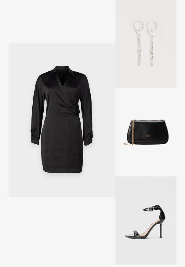 Čierne saténové zavinovacie šaty s dlhými rukávmi, výstrihom do V a zhybmi na manžetách. Hladká textúra a prispôsobený silueta umocňujú ich elegantný dizajn.; Čierna vysoká sandála z lakovanej kože s popruhom okolo členka. Vyznačuje sa minimalistickým dizajnom, otvorenou špičkou a prackou zdobenou trblietavými kamienkami.; Čierna kožená kabelka cez rameno so zlatým retiazkovým remienkom a malým zlatým logom CK na prednej klapke.; Strieborné visiace náušnice s obdĺžnikovými a okrúhlymi priehľadnými kryštálmi v zvislom rade, zabezpečené zapínaním leverback.