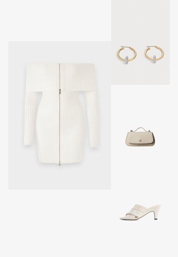 Weißes, geripptes Off-Shoulder-Kleid mit langen Ärmeln, das einen Reißverschluss auf der Vorderseite und eine taillierte Silhouette aufweist. Weicher, dehnbarer Stoff.; Beige High-Heeled Mules mit verdrehtem Leder- Riemen-Design, offenen Zehen und geprägt logo Akzent. Die Ferse hat eine schwarze Spitze Detail.; Kleine beigefarbene Lederhandtasche mit oberem Griff und silbernem CK-Logo auf der Frontklappe, vor weißem Hintergrund dargestellt.; Paar goldfarbene Creolen mit kleinem silberfarbenem Schlaufen-Detail an jeder, vor hellem grauem Hintergrund präsentiert.