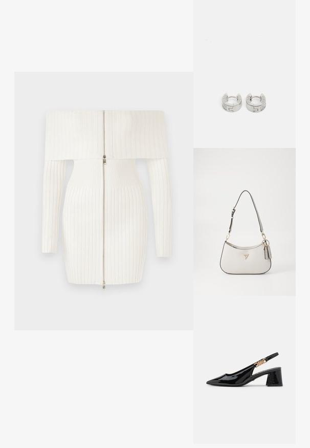 Biely žebrovaný šaty bez ramienok s dlhými rukávmi, s predným zipsom a priliehavým strihom. Mäkko pružný materiál.; Čierne lakkové slingback lodičky s špicatou špičkou a zlatými doplnkami na popruhu, s blokovým podpätkom. Hladký povrch.; Biely textúrovaný kabelka s zakriveným tvarom, zlatým kovaním, odnímateľným popruhom a akcentom loga. Obsahuje pripevnenú značkovú tag.; Guess STYLISH - Náušnice - silver-coloured