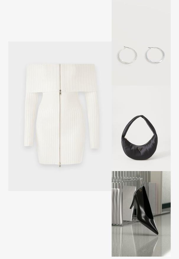 Weißes, geripptes Off-Shoulder-Kleid mit langen Ärmeln, das einen Reißverschluss auf der Vorderseite und eine taillierte Silhouette aufweist. Weicher, dehnbarer Stoff.; Schwarzer High-Heel-Schuh mit spitzer Zehe und goldem Logo, auf einer reflektierenden Oberfläche nahe einem verchromten Draht-Organizer mit Dokumenten positioniert.; Schwarze Satin-Handtasche mit geschwungener Form, ausgestattet mit einem Reißverschluss und einem dreieckigen Metallsymbol auf der Vorderseite. Glatte Textur und elegantes Design.; Silberne Metallcreolen mit glatter, leicht gebogener Oberfläche und Klappverschluss vor schlicht weißem Hintergrund.
