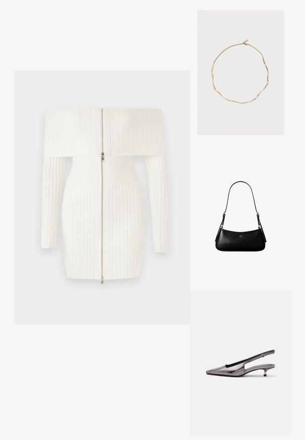Biely žebrovaný šaty bez ramienok s dlhými rukávmi, s predným zipsom a priliehavým strihom. Mäkko pružný materiál.; Metalicky sivá slingback obuv so špicatou špičkou, nízkym kitten podpätkom a nastaviteľným remienkom na bielom pozadí.; Čierna kožená mini kabelka cez rameno s tenkým remienkom a malým zlatým logom CK v strede na prednej strane.; Jemný zlatý náhrdelník s predĺženými oválnymi korálkami spojenými malými krúžkami a karabínkou na čistom svetlom pozadí.