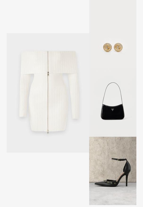Weißes, geripptes Off-Shoulder-Kleid mit langen Ärmeln, das einen Reißverschluss auf der Vorderseite und eine taillierte Silhouette aufweist. Weicher, dehnbarer Stoff.; Schwarzer Pumps aus Leder mit hohem Absatz, spitzer Zehenpartie, Knöchelriemen und goldfarbenen Verzierungen über dem Spann. Glatte Textur.; Schwarze Schultertasche aus Lackleder mit schmalem Riemen, dreieckigem Guess-Logo vorne und einem Reißverschluss oben.; Goldene, kreisförmige Steckerohrringe mit spiraligem Design, die an den Rändern mit klaren Kristallverzierungen und einem zentralen dekorativen Element versehen sind.