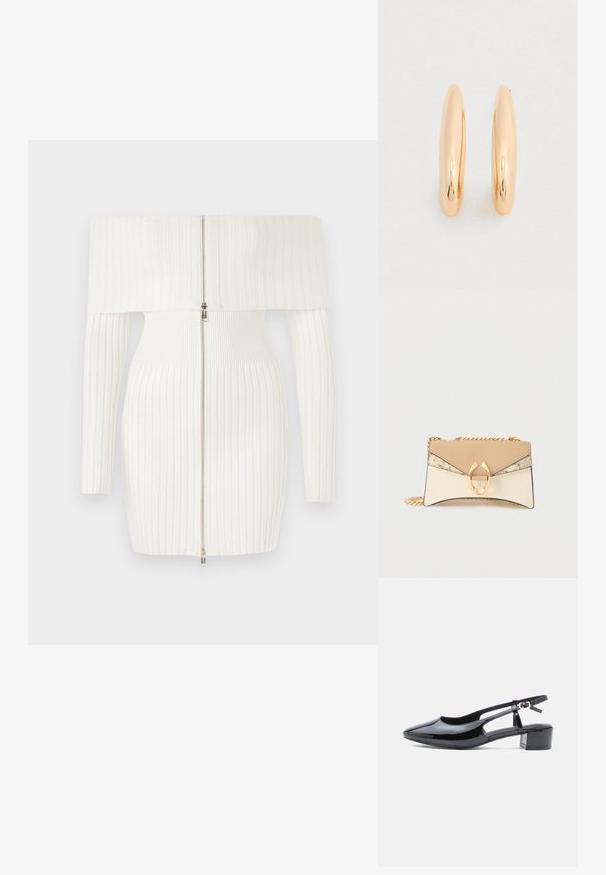Weißes, geripptes Off-Shoulder-Kleid mit langen Ärmeln, das einen Reißverschluss auf der Vorderseite und eine taillierte Silhouette aufweist. Weicher, dehnbarer Stoff.; Schwarzer Lackleder-Slingback-Schuh mit spitzem Zehenbereich, ausgeschnittenen Seiten und niedrigem Blockabsatz. Verfügt über einen Knöchelriemen mit einer Schnalle.; Kleine beige und cremefarbene Leder-Clutch mit Schlangenleder-Akzenten, abgerundetem unteren Rand, goldenem Verschluss und passendem goldenen Kettenriemen.; Creolen in Goldoptik mit glatter, glänzender Oberfläche. Abgerundete, längliche Form verleiht moderne Eleganz. Maße nicht angegeben.