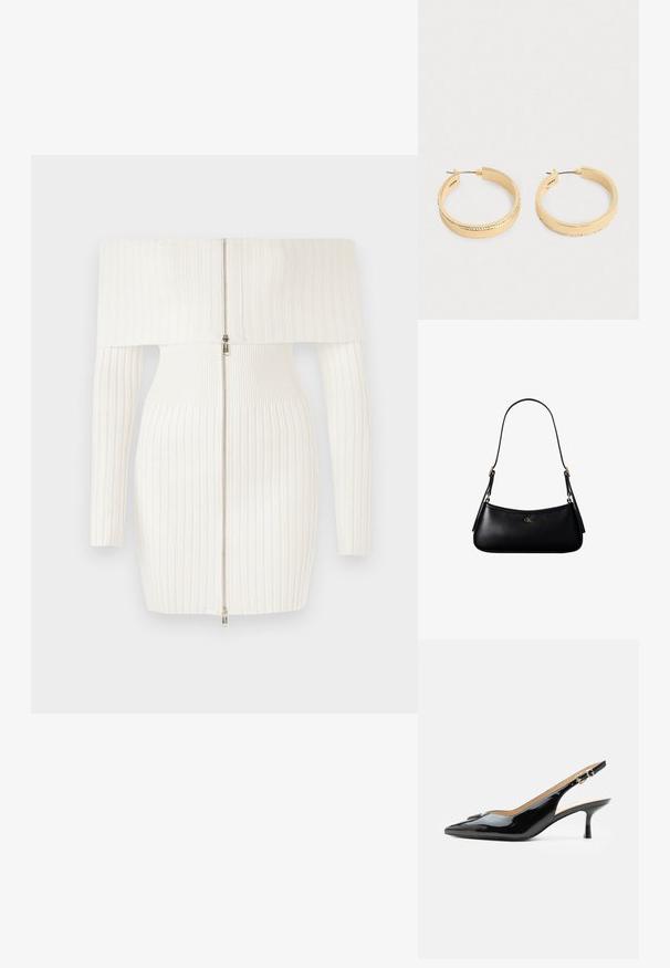 Weißes, geripptes Off-Shoulder-Kleid mit langen Ärmeln, das einen Reißverschluss auf der Vorderseite und eine taillierte Silhouette aufweist. Weicher, dehnbarer Stoff.; Schwarzer Pumps mit Riemchen aus Lackleder, spitz zulaufender Zehenpartie, kleinem Kitten-Heel und silberner Schnalle auf weißem Hintergrund.; Schwarze kleine Lederschultertasche mit dünnem Riemen und kleinem goldenem CK-Logo auf der Vorderseite in der Mitte.; Ein Paar goldfarbene Creolen mit einer Reihe kleiner Kristalle entlang der äußeren Kante, auf einem schlichten hellen Hintergrund dargestellt.