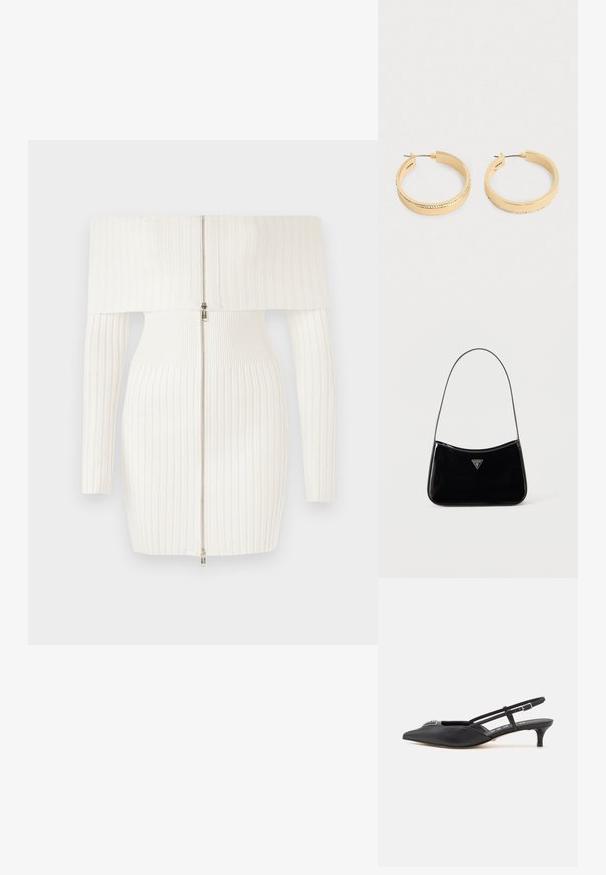 Weißes, geripptes Off-Shoulder-Kleid mit langen Ärmeln, das einen Reißverschluss auf der Vorderseite und eine taillierte Silhouette aufweist. Weicher, dehnbarer Stoff.; Schwarze Slingback-Schuhe mit einer spitzen Zehe, aus glattem Material gefertigt, mit einem kleinen Absatz und einem dekorativen silbernen Akzent auf dem Blatt.; Schwarze Schultertasche aus Lackleder mit schmalem Riemen, dreieckigem Guess-Logo vorne und einem Reißverschluss oben.; Ein Paar goldfarbene Creolen mit einer Reihe kleiner Kristalle entlang der äußeren Kante, auf einem schlichten hellen Hintergrund dargestellt.