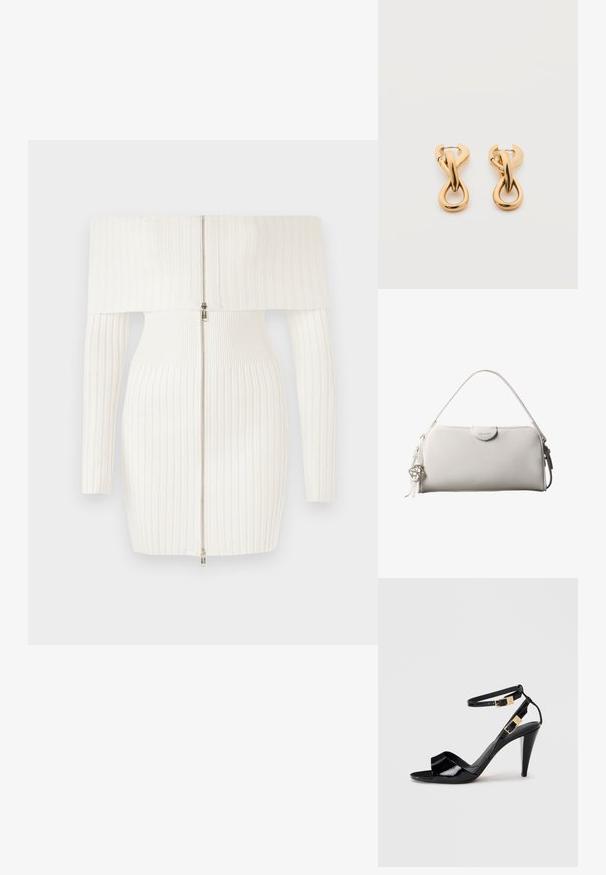Hvid ribbet off-the-shoulder kjole med lange ærmer, featuring en front lynlås lukning og en tætsiddende silhuet. Blød, strækbart stof.; Sorte patentlæder højhælede sandaler med dobbelte ankelremme og guldspænder, åben tå og slank taperet hæl på neutral baggrund.; Hvid rektangulær Calvin Klein håndtaske med enkelt håndtag, minimalistisk design og dekorative kvaster med geometrisk metalvedhæng på siden.; Par af skinnende guldfarvede hoop-øreringe med snoet, flettet design på en enkel hvid baggrund.