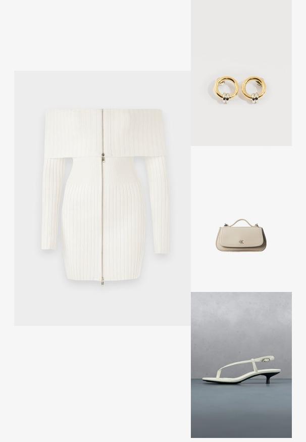 Hvid ribbet off-the-shoulder kjole med lange ærmer, featuring en front lynlås lukning og en tætsiddende silhuet. Blød, strækbart stof.; Hvid sandal med stropper og kitten-hæl med spids tå, svævende over et trægulv udendørs med en sløret plante og væg i baggrunden.; Lille beige læderhåndtaske med top håndtag og sølv CK-logo på frontklap, vist mod en hvid baggrund.; Guld cirkulære øreringe med to små sølv-ringe på hver, der viser subtile indgraverede mærkenavne detaljer, sat på en hvid baggrund.