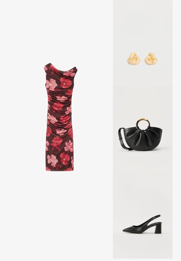 Rynket blomsterkjole med en brun baggrund, prydet med store pink og røde blomster. Den har en draperet halsudskæring og et slim fit design.; Sorte læderslingback hæle med spids tå og blokhæl. Har et udsparingsdesign og en glat tekstur, minimalistisk og moderne.; Sort læderhåndtaske med folder, guldbelagt og skildpaddefarvet cirkulært håndtag samt justerbar skulderrem på hvid baggrund.; Par af skinnende ørestikker i guldfarvet knudeform på en ensfarvet hvid baggrund.