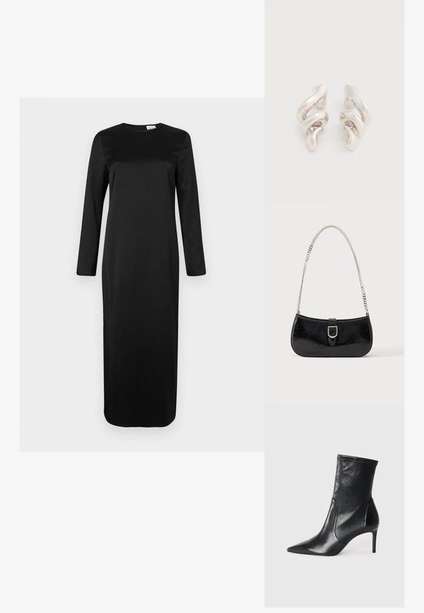 Robe noire à manches longues en tissu lisse, avec un col rond classique et une coupe droite, d'une longueur aux genoux.; Bottes noires à la cheville en cuir lisse, dotées d'un bout pointu, d'un tige ajustée et d'un talon haut fin. Design minimaliste sans quincaillerie visible.; Sac à épaule en cuir verni noir avec détail de boucle argentée et bandoulière en chaîne argentée, présenté sur un fond uni clair.; Boucles d'oreilles clips en métal argenté torsadé avec une finition lisse et brillante, présentant un design moderne et abstrait en spirale.