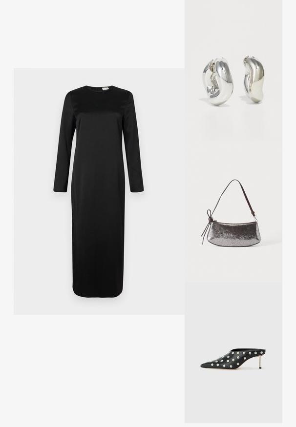 Robe noire à manches longues en tissu lisse, avec un col rond classique et une coupe droite, d'une longueur aux genoux.; STAND STUDIO KELSEY - Mules à talons - black; Petit sac à main argenté métallique avec une surface texturée, une courte sangle marron foncé et un nœud décoratif noué d'un côté.; Boucles d'oreilles sculpturales en argent avec des formes douces et courbes et des surfaces réfléchissantes. Présentent un design de boucle fermée et une forme organique distincte.