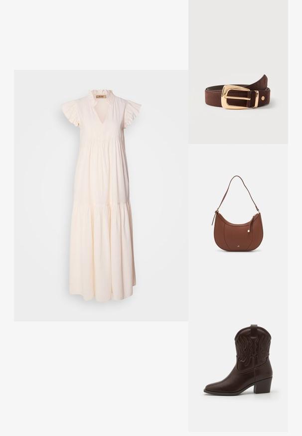 Vestido largo de algodón beige claro, con un collar con volantes y mangas cortas, un diseño de falda escalonada y tela texturizada.; Botas de cowboy de cuero marrón con puntas afiladas, patrones de alas en relieve, un tacón bloque de altura media y una tira en la parte trasera.; Bolso de hombro de imitación cuero marrón con forma curva, costura mínima y un acento de hardware en tono dorado. Presenta un cierre de cremallera en la parte superior y una correa ajustable.; Cinturón de cuero marrón enrollado con una hebilla rectangular dorada brillante y un pequeño logo metálico redondo cerca de la punta.