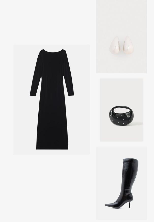 Zwarte lange mouwen jurk met een ronde hals, gemaakt van zachte stof. Heeft een vloeiende silhouet en een minimalistisch ontwerp zonder patronen.; Zwarte kniehoge stiletto laarzen met een glanzende leren afwerking, puntige neus en slanke tapse hak, met een glad oppervlak en een stijlvolle design.; Zwarte leren handtas met een afgeronde vorm, versierd met zilveren studs, en een korte handgreep. Gladde textuur en ritsluiting.; Zilveren metalen druppeloorbellen met een gladde, reflecterende oppervlakte en een druppelvorm, voorzien van een naadloos ontwerp en zonder zichtbare versieringen.