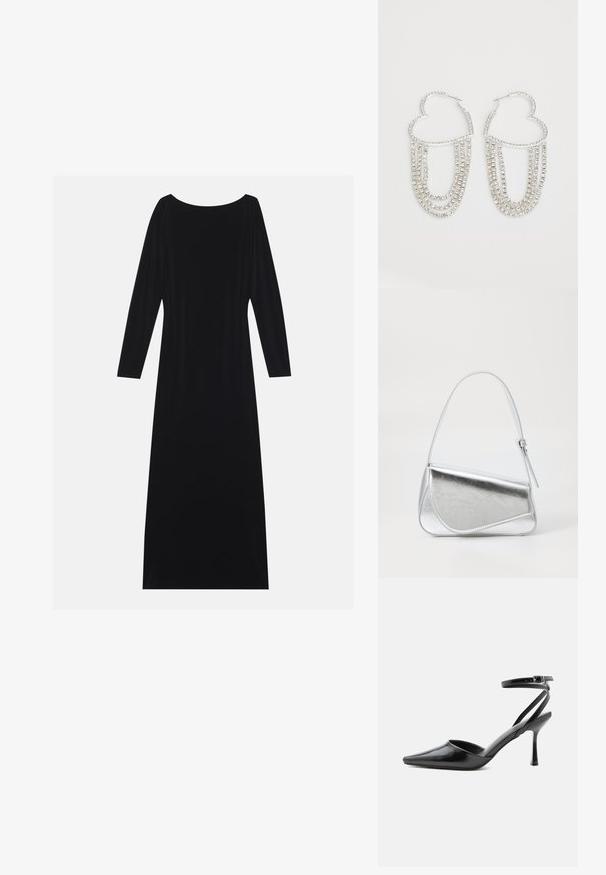 Zwarte lange mouwen jurk met een ronde hals, gemaakt van zachte stof. Heeft een vloeiende silhouet en een minimalistisch ontwerp zonder patronen.; Zwarte pumps met puntige neus, dunne enkelbandjes en een zilveren gesp op een effen lichte achtergrond.; Zilveren metalen handtas met een driehoekige vorm, gladde textuur en een dunne, verstelbare schouderriem. Kenmerkt zich door een omklapbaar ontwerp met stiksels.; Zilveren oorringen in de vorm van een hart, versierd met watervalletjes van heldere rhinestones voor extra sprankeling en textuur.