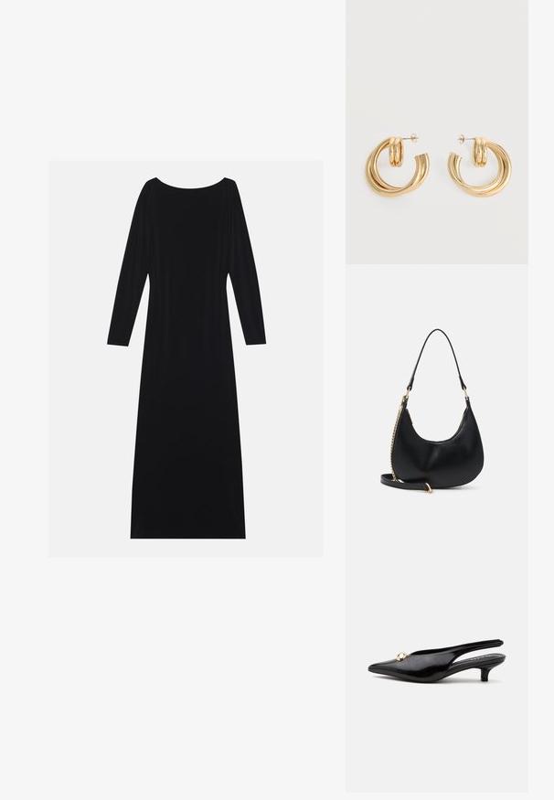 Zwarte lange mouwen jurk met een ronde hals, gemaakt van zachte stof. Heeft een vloeiende silhouet en een minimalistisch ontwerp zonder patronen.; Zwarte lakleren slingback kitten heel met een spitse neus en een klein gouden rond ornament bovenop.; Zwarte, halve maanvormige handtas met korte handgreep, gouden kettingdetail aan één kant en een afneembare langere riem.; Set glanzende gouden dubbele lus oorbellen met stekertjes op een witte achtergrond.