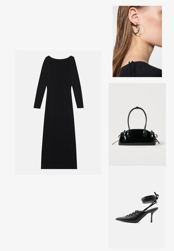 Robe noire à manches longues avec un décolleté rond, réalisée en tissu doux. Elle présente une silhouette fluide et un design minimaliste sans motifs.; Chaussure à talon haut noire à bout pointu avec laçage à l'avant et brides enroulées autour de la cheville nouées en nœud, vue de côté sur fond blanc.; Petit sac à main noir brillant avec deux longues anses et des détails à cordon sur les côtés sur un fond clair uni.; Boucle d'oreille en argent avec une finition polie, présentant de petits détails en or et de forme ronde, portée sur le lobe.