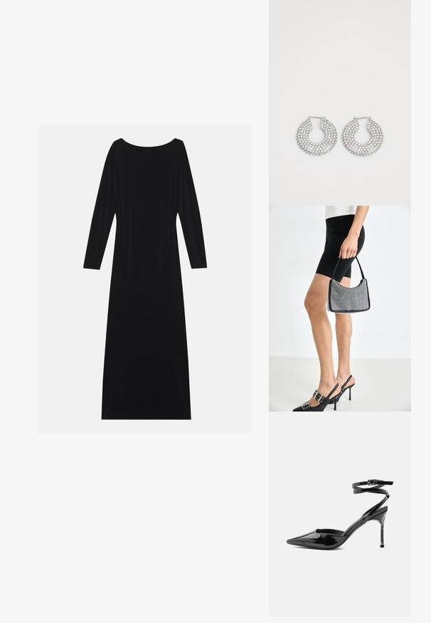 Vestido negro de manga larga con escote redondo, hecho de una tela suave. Presenta una silueta fluida y un diseño minimalista sin patrones.; Tacón stiletto de charol negro con punta puntiaguda, tiras finas en el tobillo y cierre pequeño de hebilla.; Bolso de cuentas negras con una silueta curva, asa de transporte y textura brillante. Llevado con zapatos de tacón altos negros y pantalones cortos negros ajustados.; Aros de plata en forma de aro adornados con múltiples embellishments de cristal transparente, con una superficie texturizada y un diseño circular abierto.