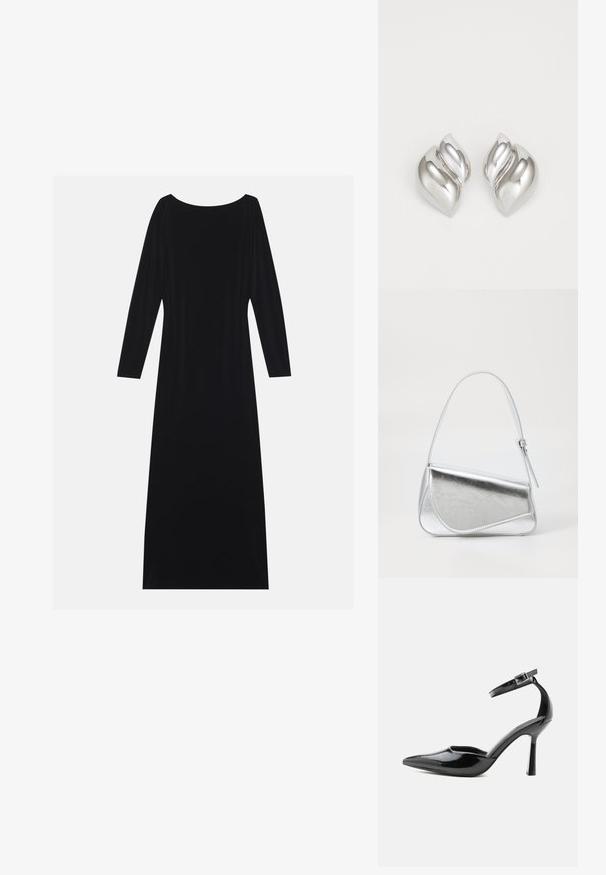 Vestido negro de manga larga con escote redondo, hecho de una tela suave. Presenta una silueta fluida y un diseño minimalista sin patrones.; Zapato de tacón alto de charol negro con punta puntiaguda, correa en el tobillo y hebilla plateada, tacón de aguja, vista lateral sobre fondo liso.; Bolso de mano metálico plateado con forma triangular, textura suave y una fina correa de hombro ajustable. Presenta un diseño plegable con costuras.; Pendientes de plata con una forma orgánica y abstracta. Superficie lisa y brillante con un diseño cónico. Presentan suaves curvas y un detalle de línea central.