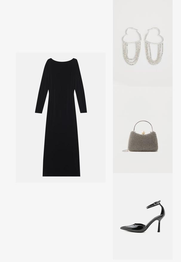 Robe noire à manches longues avec un décolleté rond, réalisée en tissu doux. Elle présente une silhouette fluide et un design minimaliste sans motifs.; Escarpin à talon haut en cuir verni noir à bout pointu avec bride à la cheville et boucle argentée, talon stiletto, vue de côté sur fond uni.; Petit sac à main avec motif à carreaux argenté, poignée incurvée, grande fermeture à perle et une fine bandoulière en chaîne argentée sur un fond uni.; Boucles d'oreilles en argent en forme de cœur, ornées de fils tombants de strass transparents pour plus d'éclat et de texture.