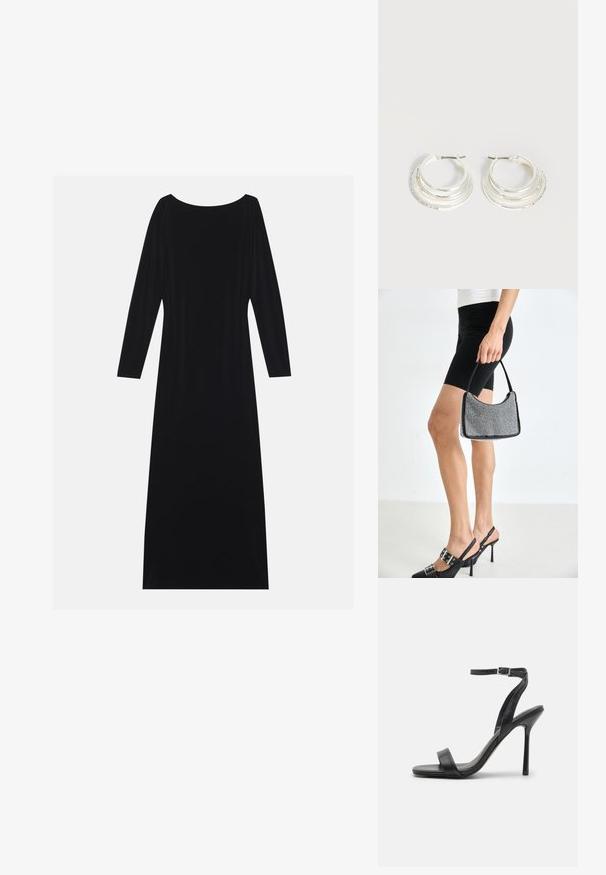 Zwarte lange mouwen jurk met een ronde hals, gemaakt van zachte stof. Heeft een vloeiende silhouet en een minimalistisch ontwerp zonder patronen.; Zwarte hoge hakken sandaal met een slanke enkelband en twee voorste banden. Gemaakt van soepel leer met een slanke puntneus en een stiletteloze hak.; Zwarte beaded handtas met een gebogen silhouet, draaghandvat en glanzende textuur. Draagt bij hoge zwarte hakken en strakke zwarte shorts.; Zilveren oorringen met drie gelaagde halve cirkelvormige banden, waarvan één versierd met kleine heldere kristallen op een lichte achtergrond.