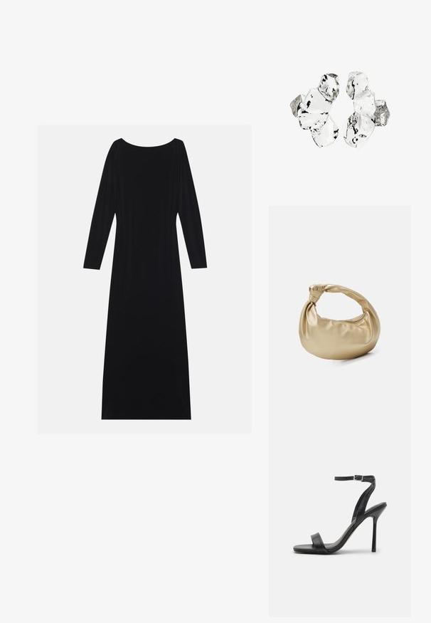 Vestido negro de manga larga con escote redondo, hecho de una tela suave. Presenta una silueta fluida y un diseño minimalista sin patrones.; Sandalia negra de tacón alto con una correa delgada en el tobillo y dos bandas en la parte frontal. Hecha de cuero suave con una punta afilada y tacón de aguja.; Bolso de metal dorado con una textura suave y brillante. Presenta un asa anudada y una forma redondeada y suave. Cierre de cremallera en la parte superior.; Conjunto de seis piezas de forma irregular, translúcidas y reflectantes, similares al vidrio, dispuestas sobre un fondo blanco.