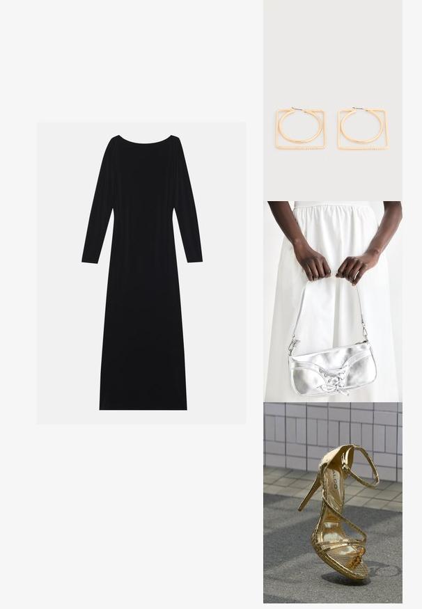 Vestido negro de manga larga con escote redondo, hecho de una tela suave. Presenta una silueta fluida y un diseño minimalista sin patrones.; Sandalia de tacón alto dorada con acabado brillante tipo charol, tiras cruzadas, punta estrecha y tacón de aguja; detalle de superficie texturizada y en relieve.; Bolso metálico plateado con detalle de cordones, que presenta un diseño elegante y una correa corta. El bolso está sostenido con las manos, mostrando su textura.; Pendientes en tono dorado que presentan aros redondos dentro de marcos cuadrados más grandes, con pequeños cristales incrustados en el borde inferior de los cuadrados.